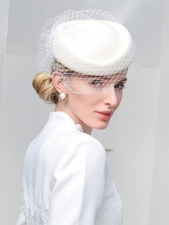 Women\'s Elegant Church Fedoras Wool Felt Vintage Beret Wedding Veil Cap White main image 6
